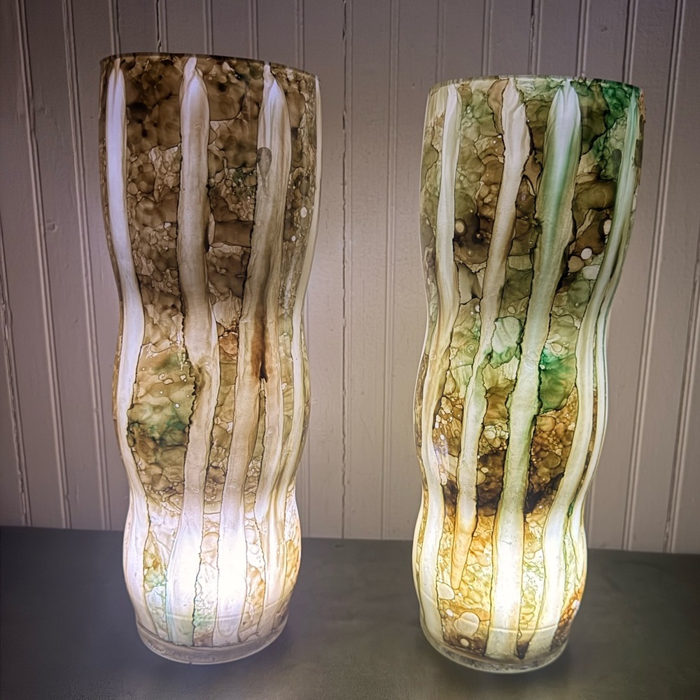 Pair 16" Italian Art Glass Vases – Illuminated Alcohol Ink –‎ Hand-Blown Glass